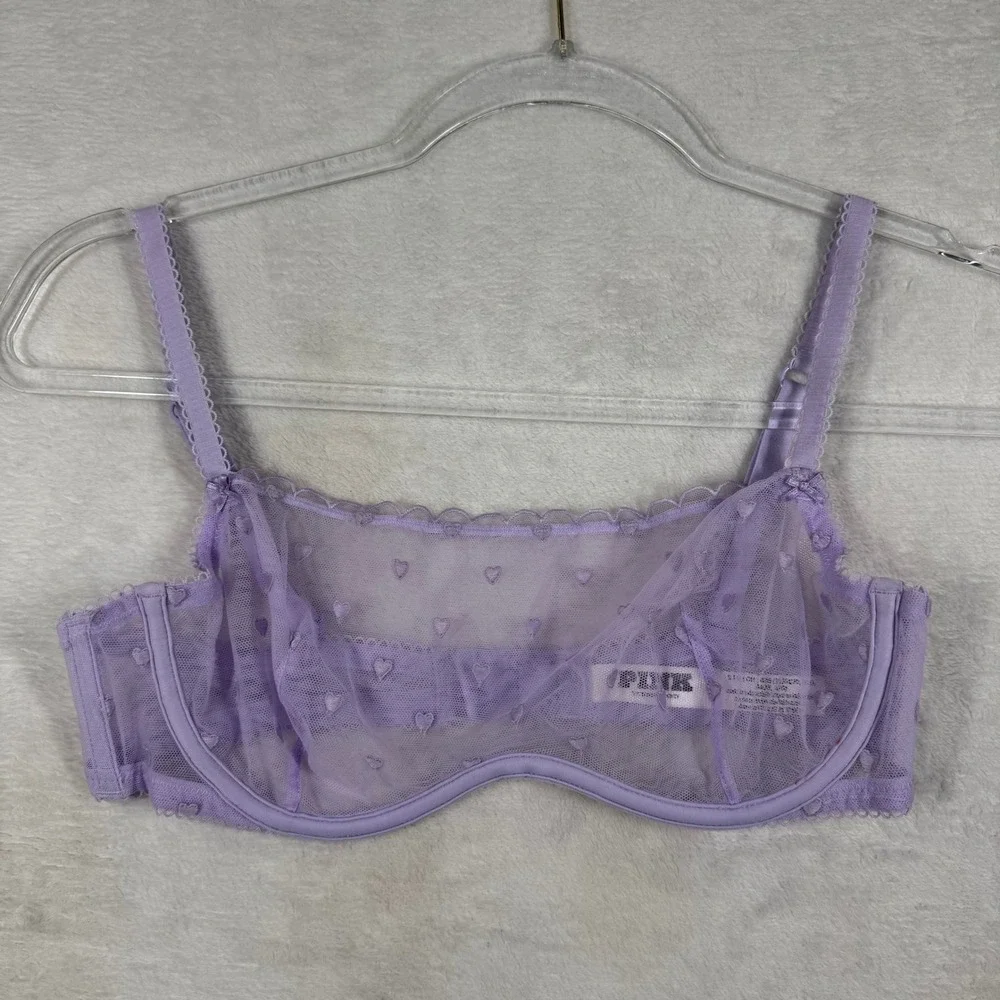PINK Victoria's Secret Purple Heart Embroidered Sheer Mesh Unlined Bra Small